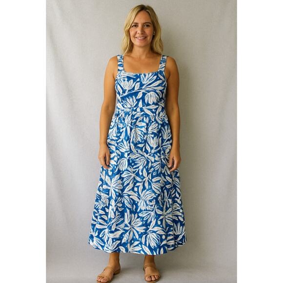 Sea Salt Organic Cotton Dress Womens Size 14 Large Floral Blue White Deep Water - Picture 1 of 9